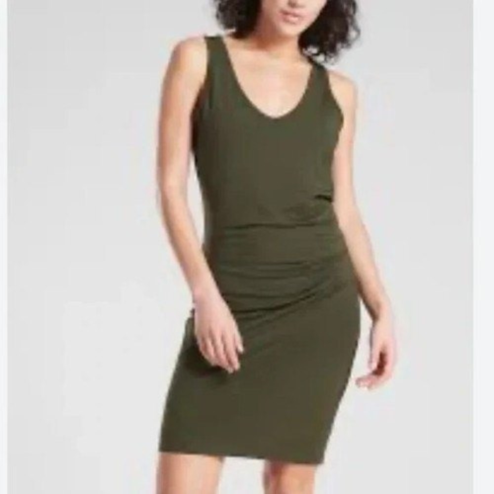 NWT Athleta Della Dress Dark Green Ruched Tank Dress Sz M Tall Athleisure Travel